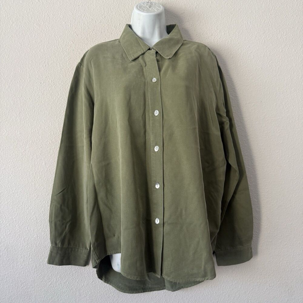 Soft Surrounds Olive Green Blouse XL Tencel Button Up Shirt Lagenlook Gorpcore
